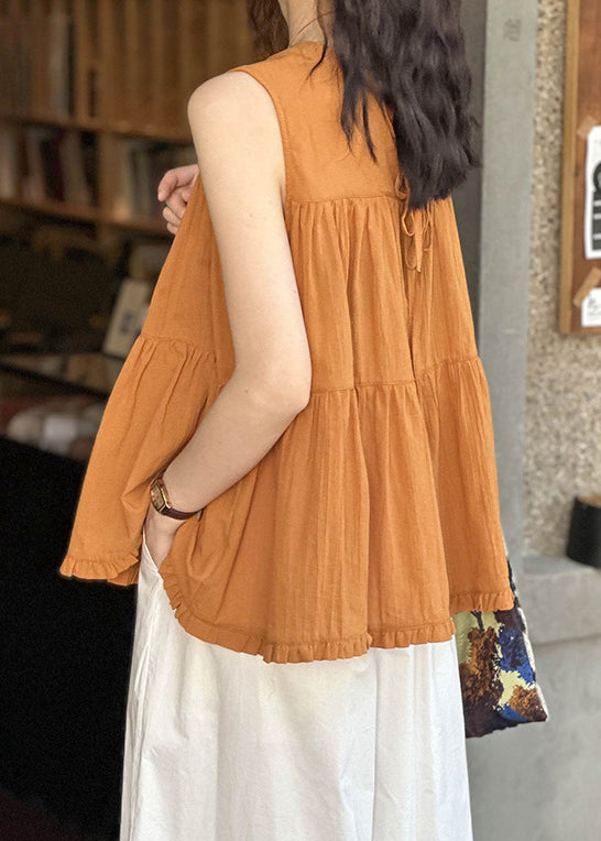 Loose Orange Wrinkled Lace Up Cotton Top Sleeveless