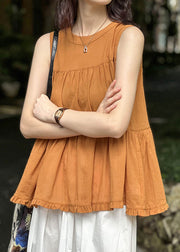 Loose Orange Wrinkled Lace Up Cotton Top Sleeveless