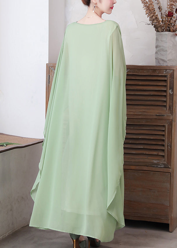 Loose Pea Green O-Neck Chiffon Maxi Dresses Spring