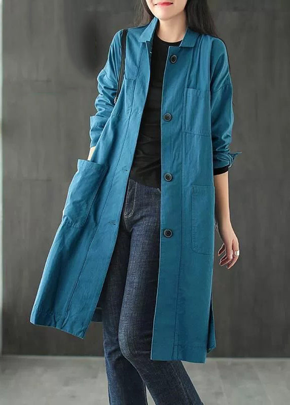 Loose Peacock Blue Button Pockets Tie Waist Cotton Coat Fall