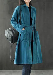 Loose Peacock Blue Button Pockets Tie Waist Cotton Coat Fall