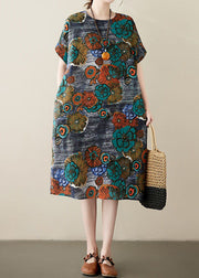 Loose Peacock Blue O Neck Pockets Print Patchwork Cotton Dresses Summer