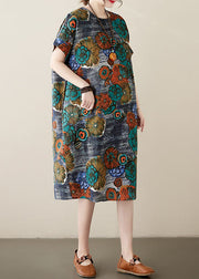 Loose Peacock Blue O Neck Pockets Print Patchwork Cotton Dresses Summer