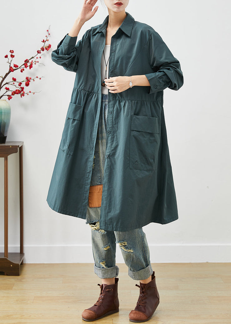 Loose Peacock Green Pockets Patchwork Cotton Shirt Dresses Spring