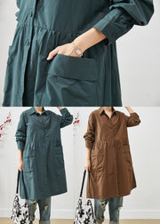 Loose Peacock Green Pockets Patchwork Cotton Shirt Dresses Spring