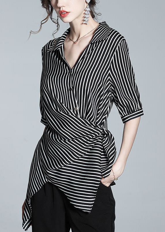 Loose Peter Pan Collar Asymmetrical Striped Silk Shirt Half Sleeve