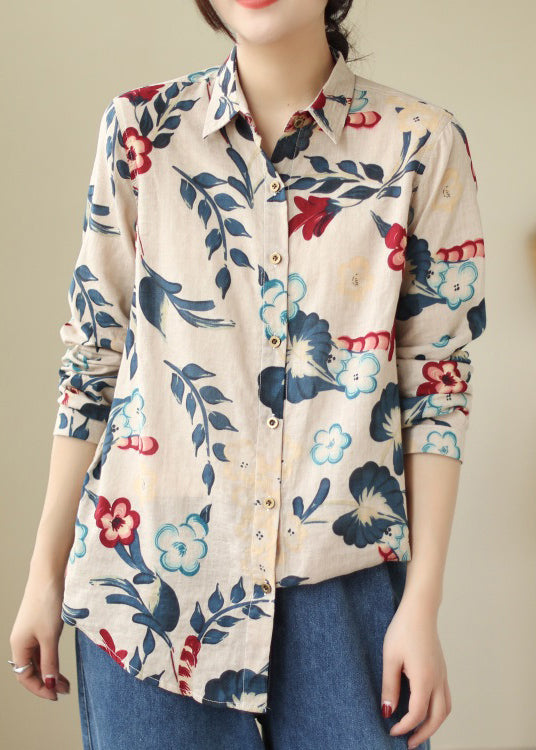 Loose Peter Pan Collar Button Print Cotton Shirt Long Sleeve