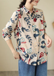 Loose Peter Pan Collar Button Print Cotton Shirt Long Sleeve