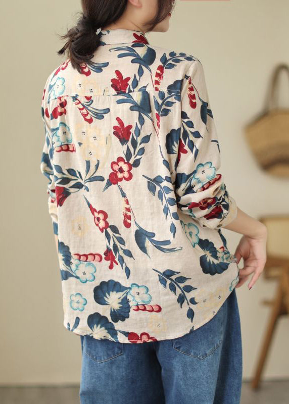 Loose Peter Pan Collar Button Print Cotton Shirt Long Sleeve