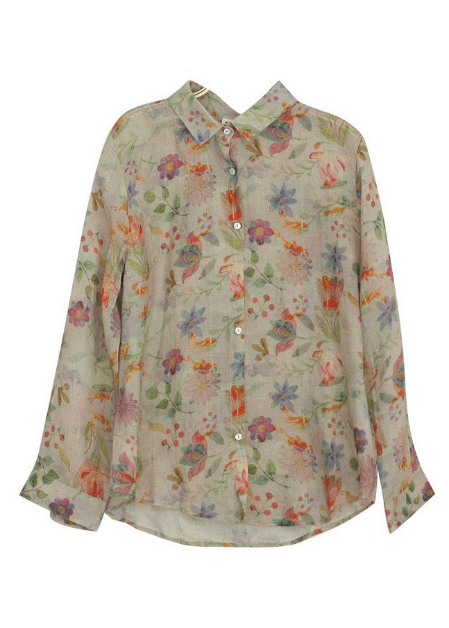 Loose Peter Pan Collar Print Button Low High Design Linen Shirt Long Sleeve