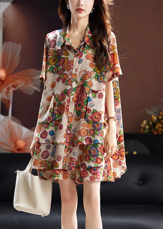 Loose Peter Pan Collar Print Pockets Cotton Two Pieces Set Summer