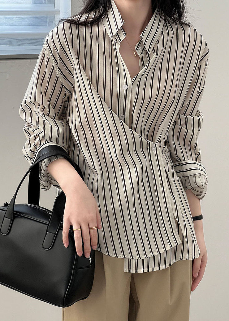 Loose Peter Pan Collar Striped Button Low High Design Shirts Spring