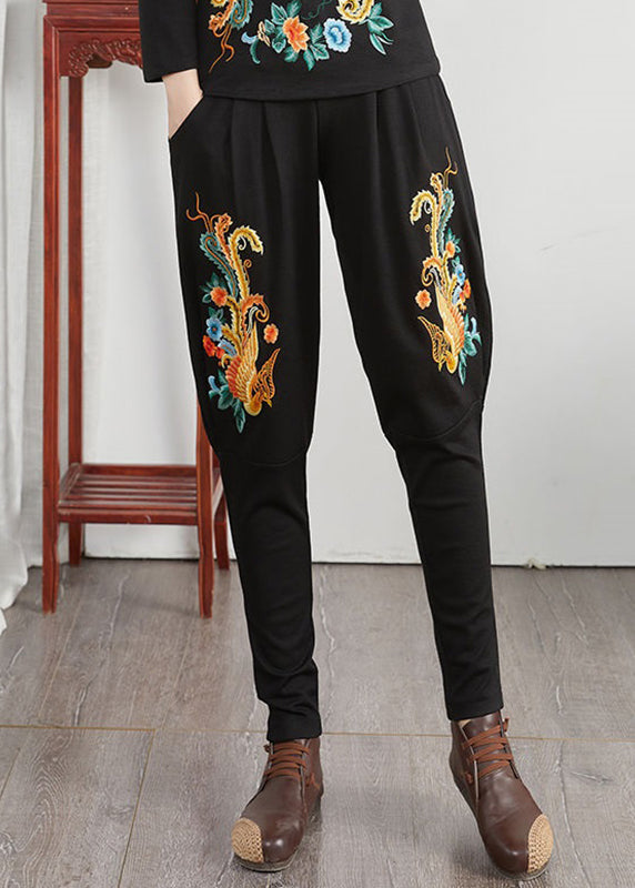 Loose Phoenix Embroideried Pockets Patchwork Cotton Pants Fall