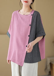 Loose Pink Asymmetrical Plaid Patchwork Button T Shirts Short Sleeve