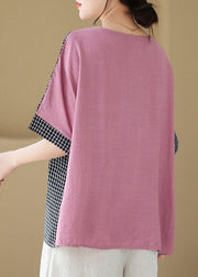 Loose Pink Asymmetrical Plaid Patchwork Button T Shirts Short Sleeve