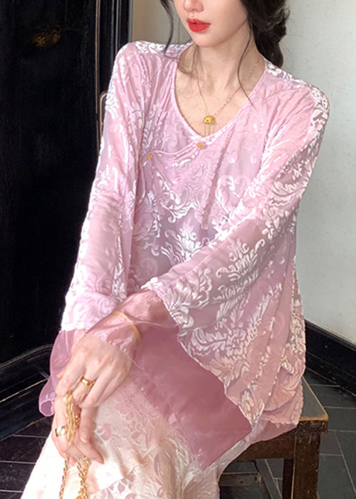 Loose Pink Button Lace Up Silk Velour Shirts Fall