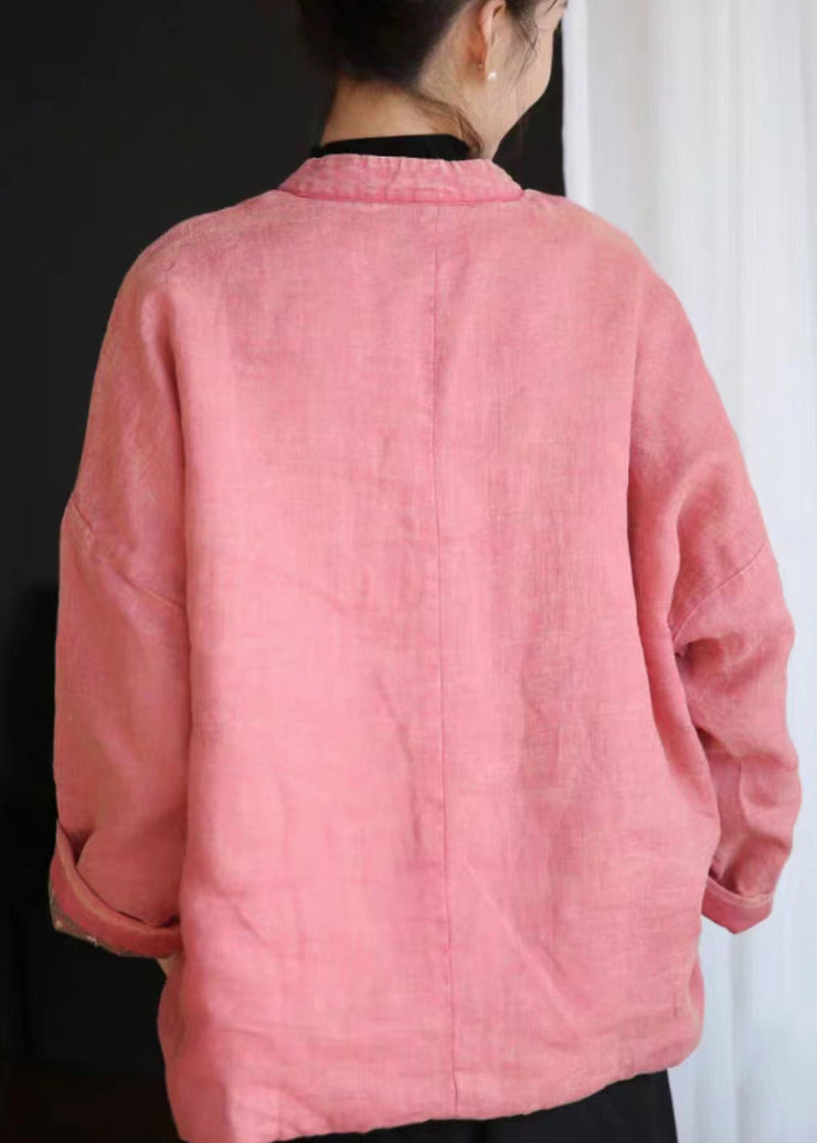 Loose Pink Button Pockets Cotton Filled Coats Long Sleeve