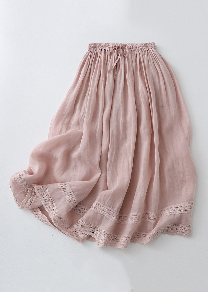 Loose Pink Drawstring Lace Linen Skirt Summer