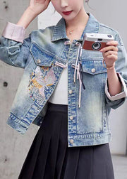 Loose Pink Embroidered Button Denim Coat Long Sleeve