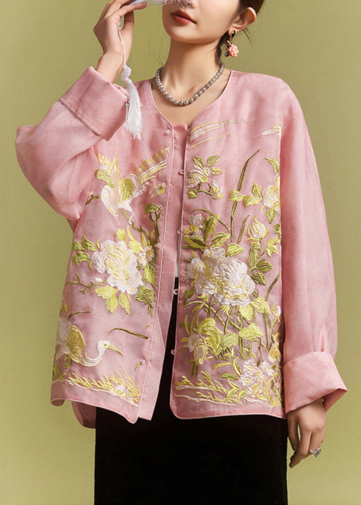 Loose Pink Embroidered Button Tulle Blouses Fall