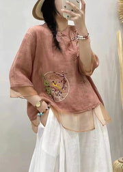 Loose Pink Embroideried Button Cotton Blouses Summer