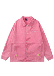 Loose Pink Embroideried Button Patchwork Denim Coats Fall