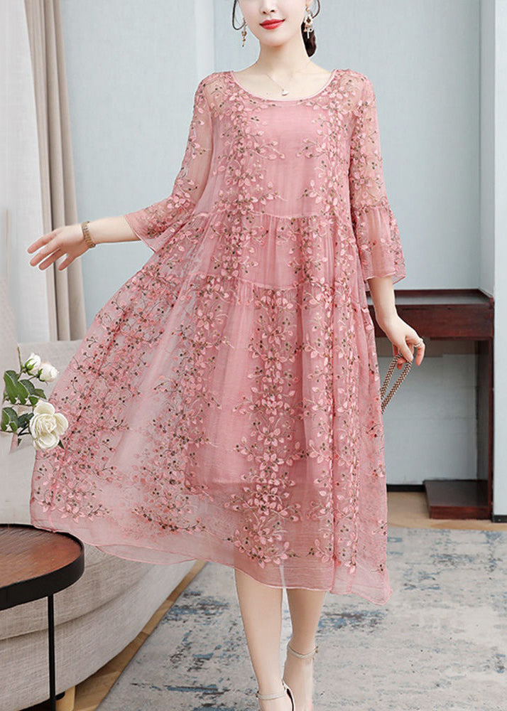 Loose Pink Embroideried Ruffled Lace Up Silk Dresses Flare Sleeve