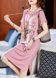 Loose Pink Hooded Zircon Patchwork Cotton Dresses Summer