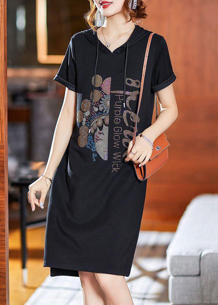 Loose Pink Hooded Zircon Patchwork Cotton Dresses Summer