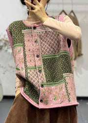 Loose Pink O Neck Button Cotton Knit Waistcoat Sleeveless