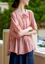 Loose Pink O-Neck Patchwork Wrinkled Lace Tie Silk Shirt Summer