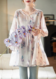 Loose Pink O Neck Print Shirt Long Sleeve