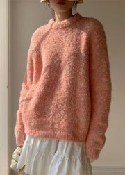 Loose Pink O-Neck Solid Fluffy Sweaters Winter