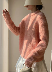 Loose Pink O-Neck Solid Fluffy Sweaters Winter