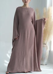 Loose Pink O Neck Solid Ice Silk Maxi Dresses Batwing Sleeve