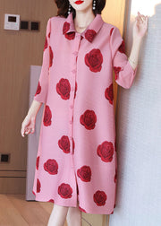 Loose Pink Peter Pan Collar Print Button Shirt Dresses Long Sleeve