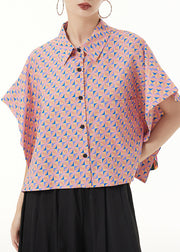 Loose Pink Peter Pan Collar Print Patchwork Cotton Shirt Summer