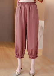 Loose Pink Pockets Lace Patchwork Elastic Waist Linen Crop Pants Summer