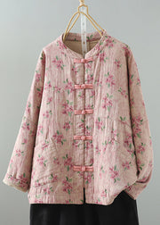 Loose Pink Print Pockets Cotton Filled Parka Winter