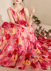 Loose Pink Print Wrinkled Cotton Spaghetti Strap Dress Sleeveless