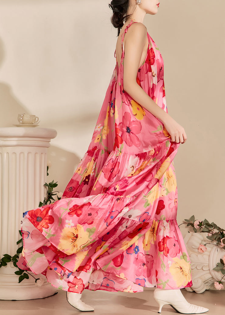 Loose Pink Print Wrinkled Cotton Spaghetti Strap Dress Sleeveless