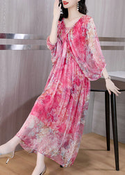 Loose Pink Print Wrinkled Silk Maxi Dresses Flare Sleeve