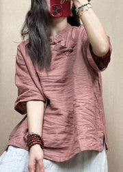 Loose Pink Stand Collar Button Linen Shirts Half Sleeve