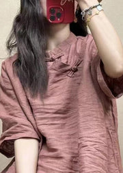 Loose Pink Stand Collar Button Linen Shirts Half Sleeve