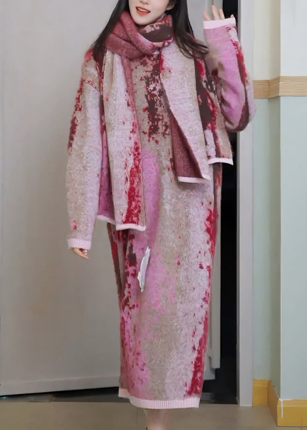 Loose Pink Tie Dye Patchwork Knit Long Sweaters Dress Fall