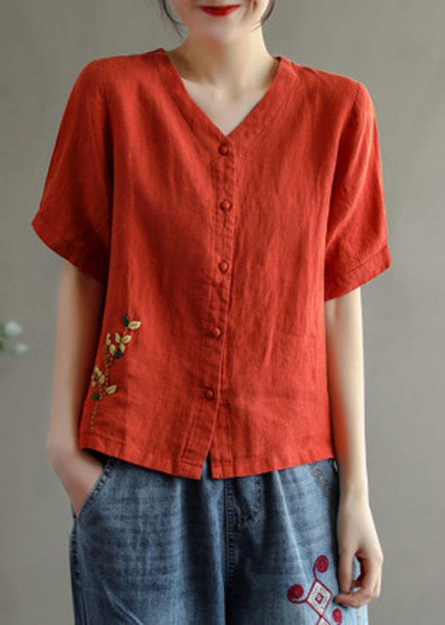 Loose Pink V Neck Embroideried Floral Summer Linen Shirt - bagstylebliss