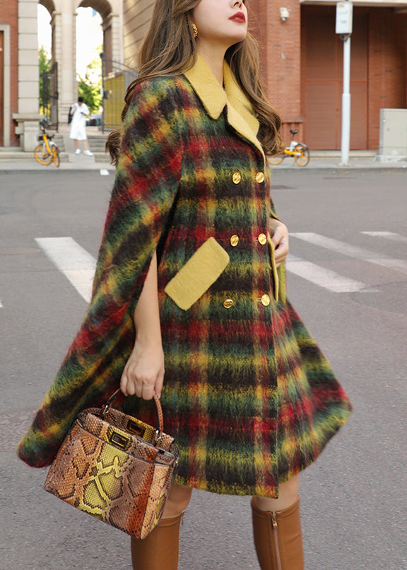 Loose Plaid Button Pockets Patchwork Woolen Cape Coats Sleeveless