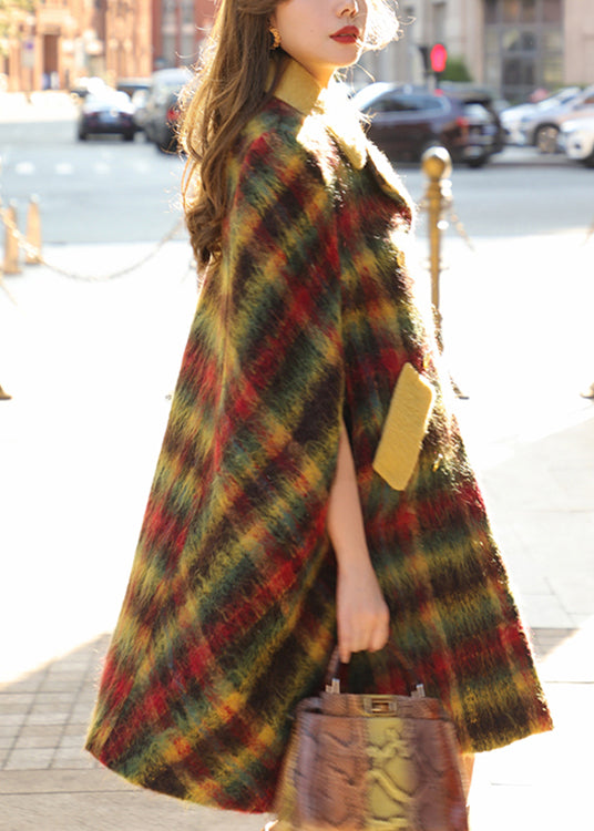 Loose Plaid Button Pockets Patchwork Woolen Cape Coats Sleeveless