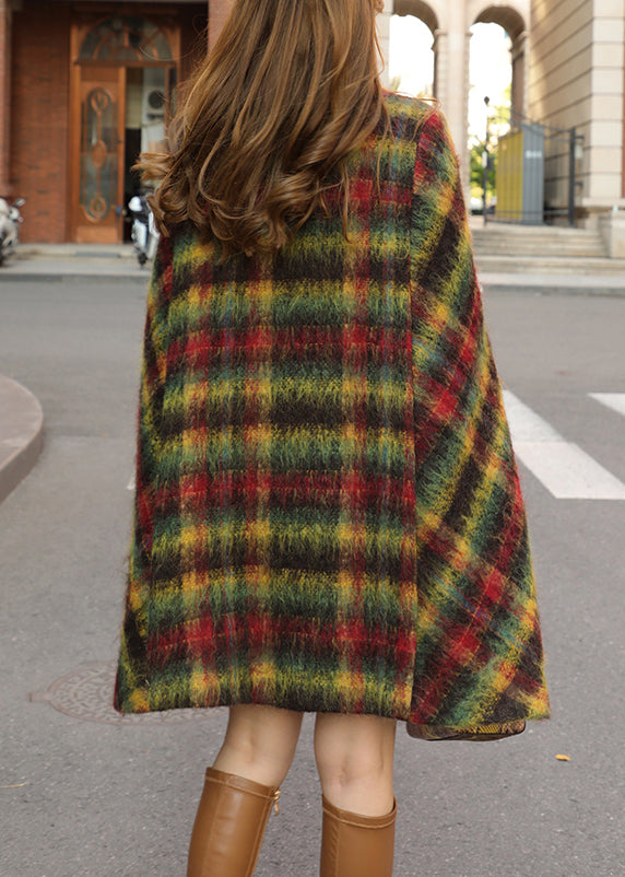 Loose Plaid Button Pockets Patchwork Woolen Cape Coats Sleeveless