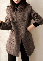 Loose Plaid Double Breast Tie Waist Wool Blend Coats Winter